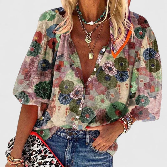 Floral Print Button-Down Blouse with Relaxed V-Neckline