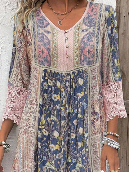 Floral Print Tunic Dress with Lace-Trim 3/4 Sleeves