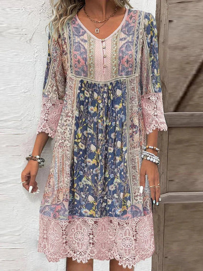 Floral Print Tunic Dress with Lace-Trim 3/4 Sleeves