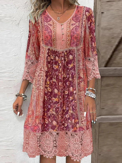 Floral Print Tunic Dress with Lace-Trim 3/4 Sleeves