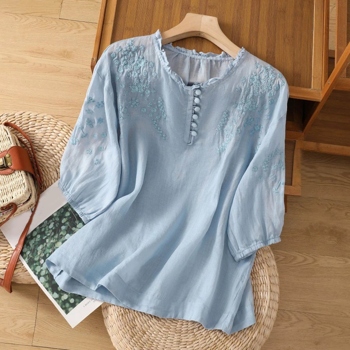 Embroidered Linen-Blend Ruffle Collar Blouse