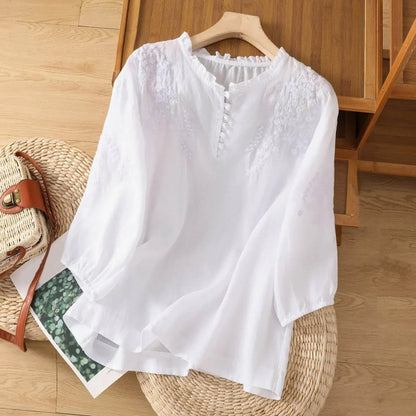 Embroidered Linen-Blend Ruffle Collar Blouse