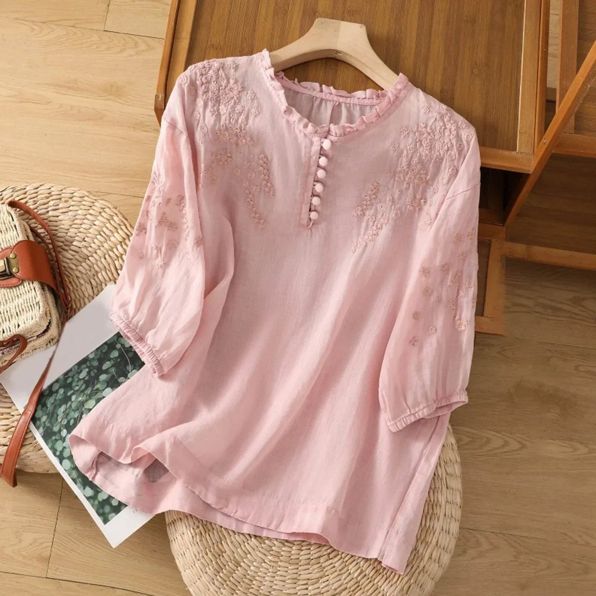 Embroidered Linen-Blend Ruffle Collar Blouse