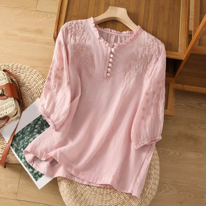 Embroidered Linen-Blend Ruffle Collar Blouse