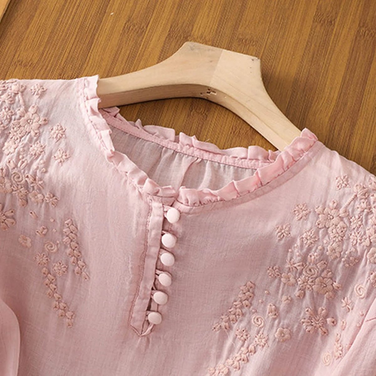Embroidered Linen-Blend Ruffle Collar Blouse