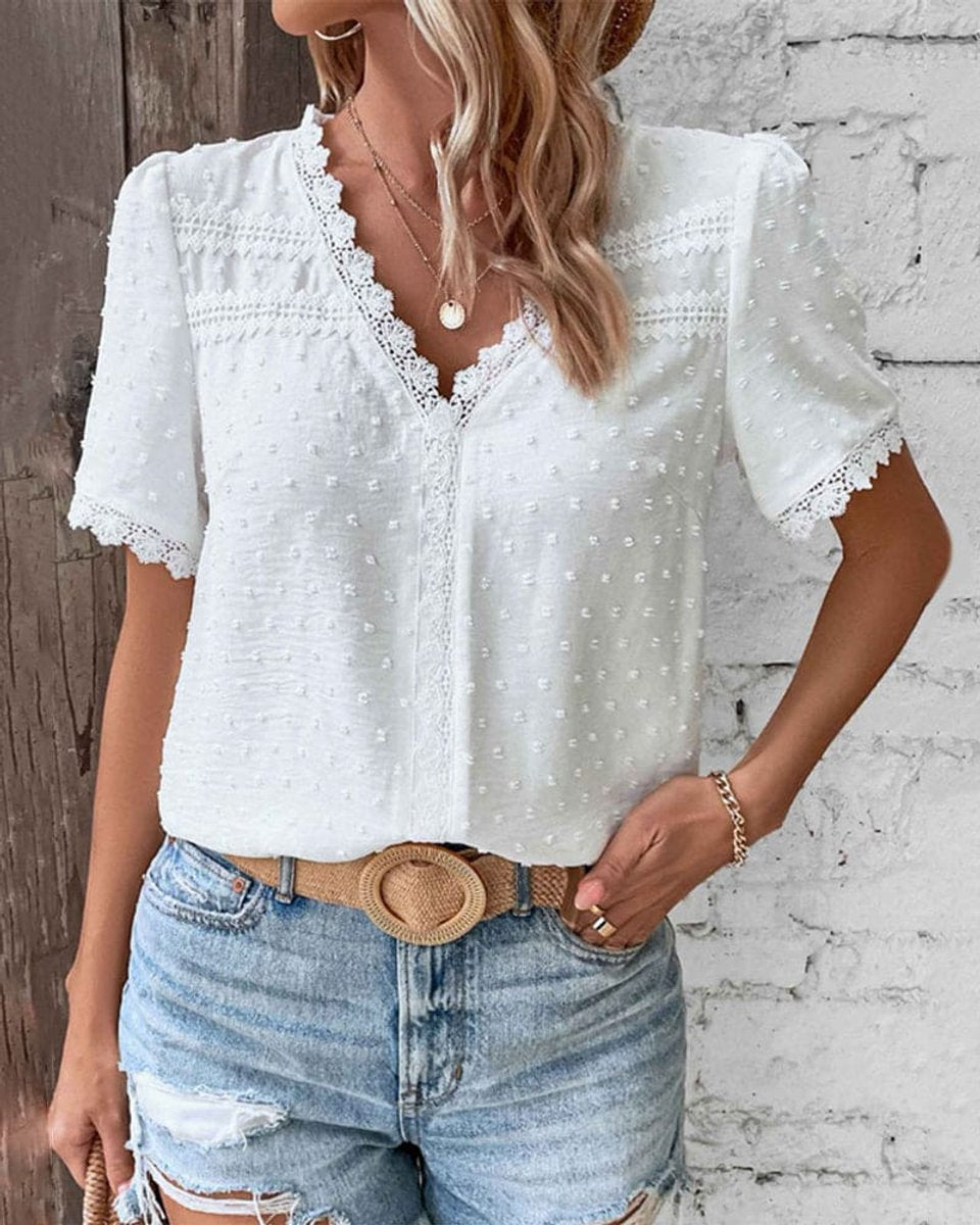 Swiss Dot Lace-Trim V-Neck Blouse
