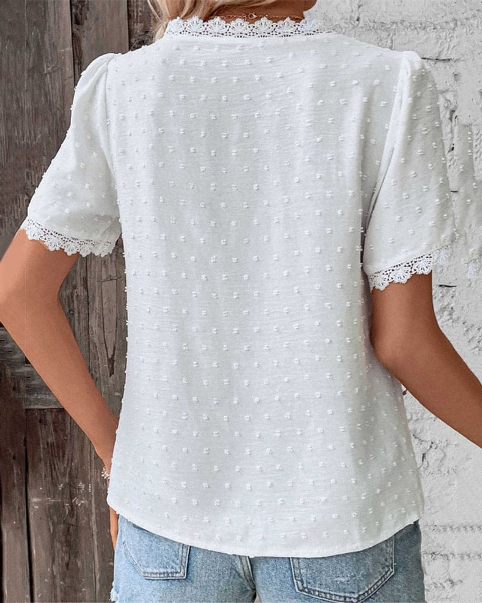 Swiss Dot Lace-Trim V-Neck Blouse