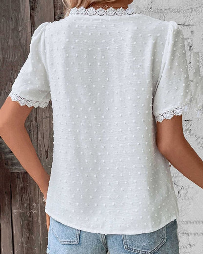 Swiss Dot Lace-Trim V-Neck Blouse