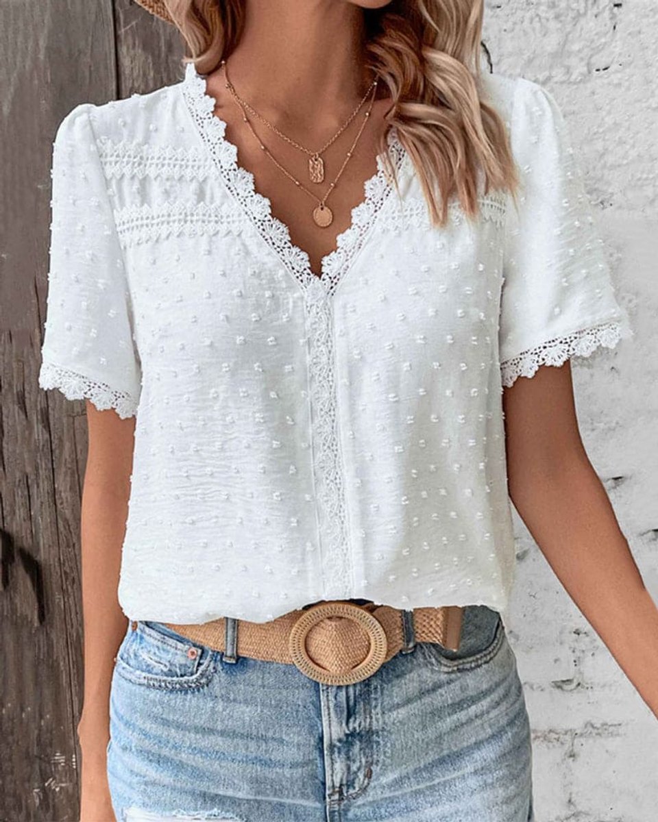 Swiss Dot Lace-Trim V-Neck Blouse