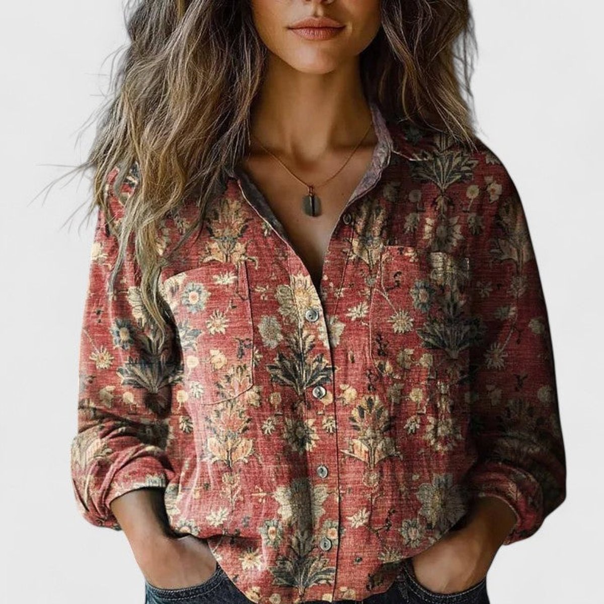 Long Sleeve Boho Floral Shirt with Revere Collar