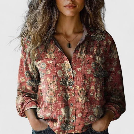 Long Sleeve Boho Floral Shirt with Revere Collar