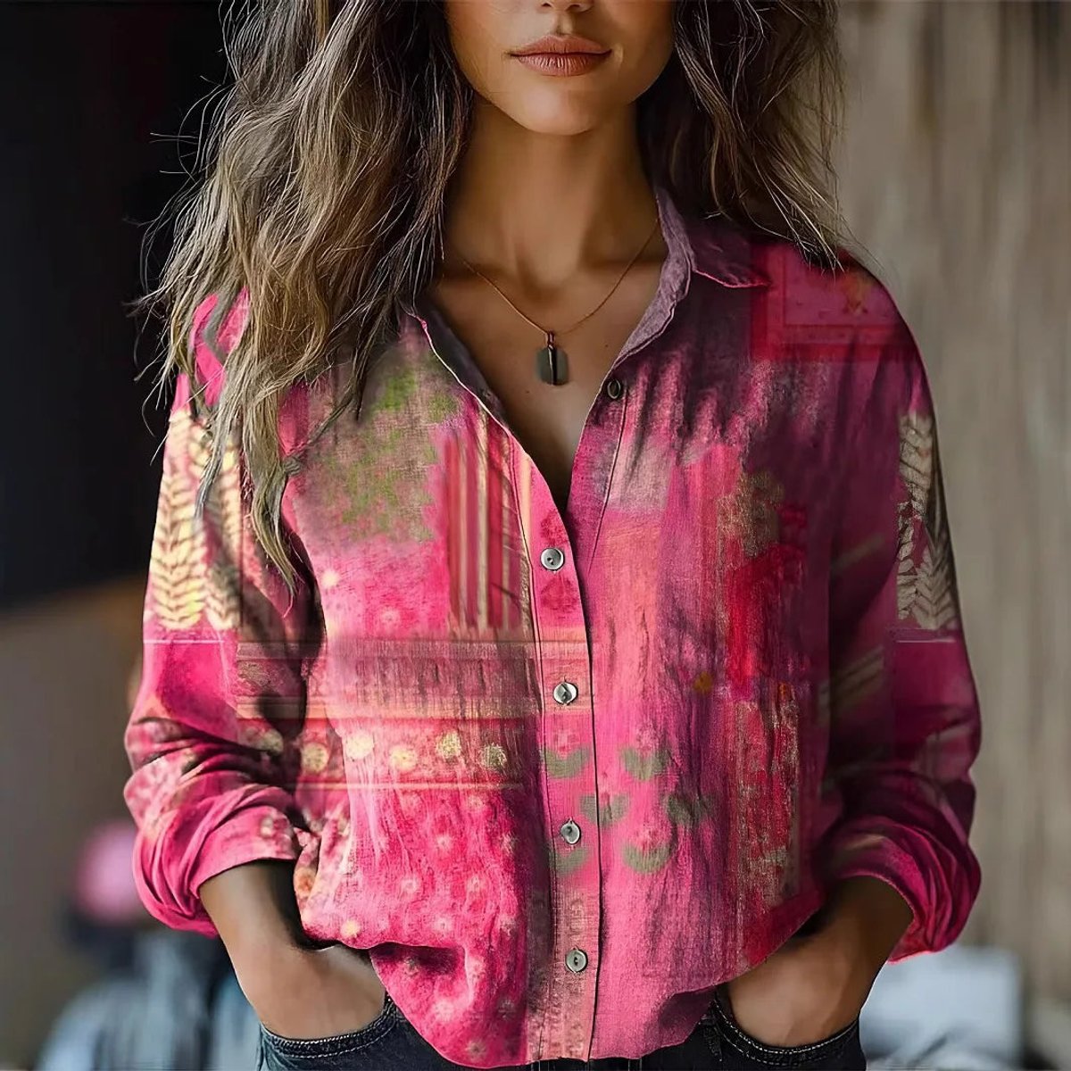 Long Sleeve Boho Floral Shirt with Revere Collar