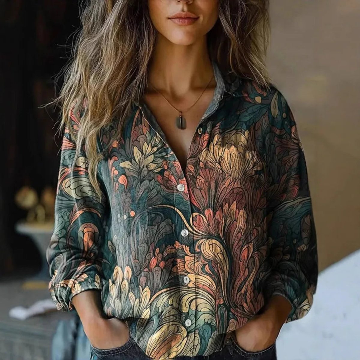 Long Sleeve Boho Floral Shirt with Revere Collar