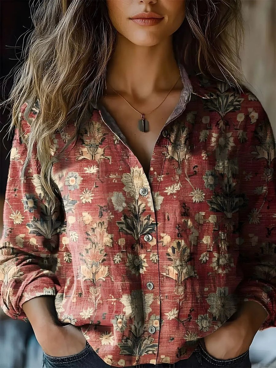 Long Sleeve Boho Floral Shirt with Revere Collar