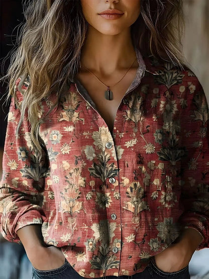Long Sleeve Boho Floral Shirt with Revere Collar