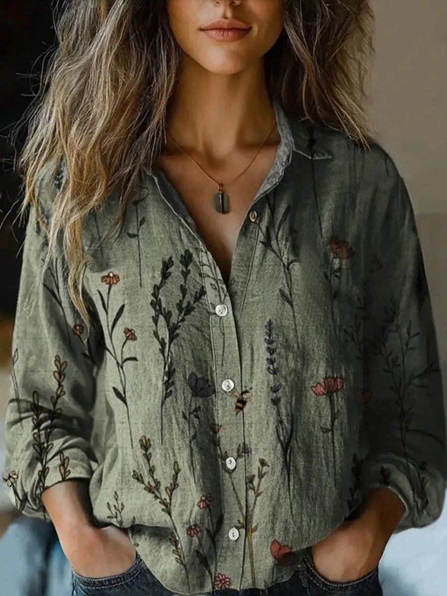 Long Sleeve Boho Floral Shirt with Revere Collar