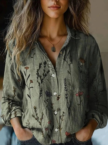 Long Sleeve Boho Floral Shirt with Revere Collar