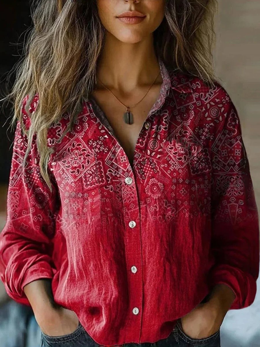 Long Sleeve Boho Floral Shirt with Revere Collar