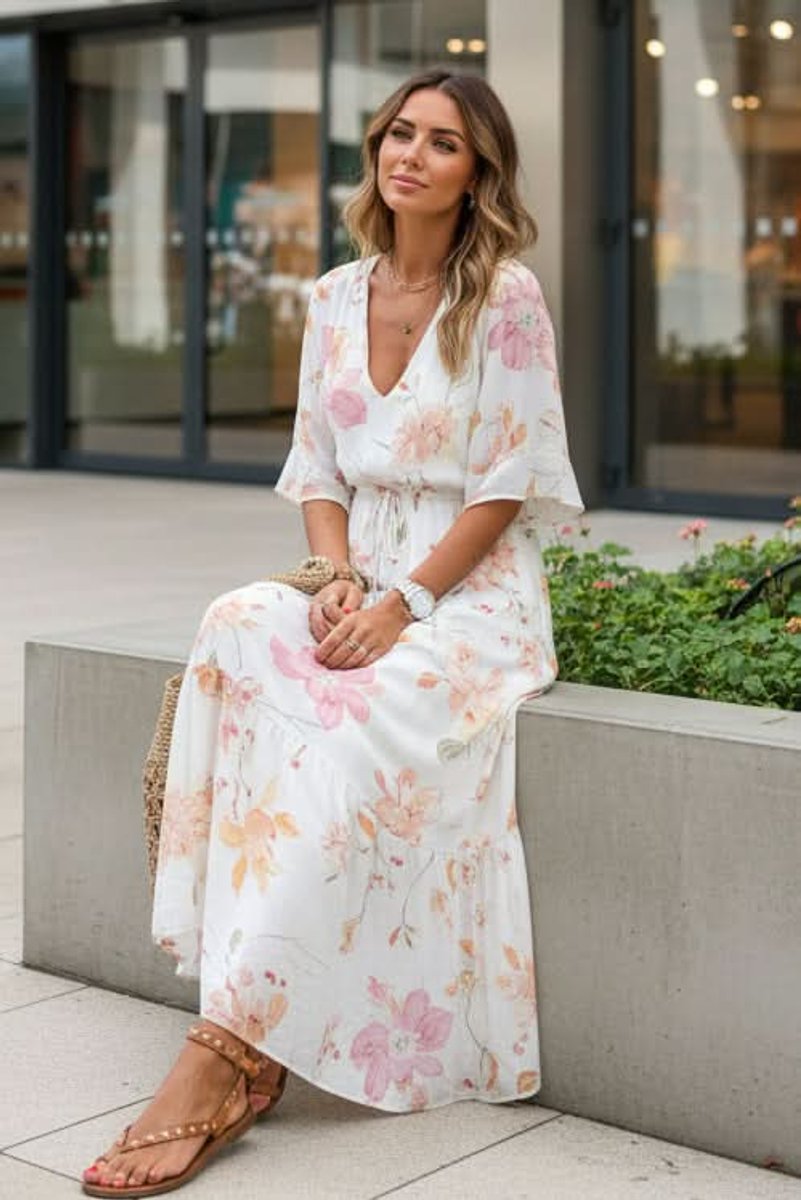Bohemian Floral V-Neck Maxi Dress with Drawstring Waist