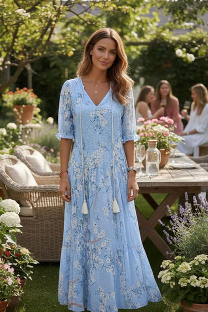 Bohemian Floral V-Neck Maxi Dress with Drawstring Waist