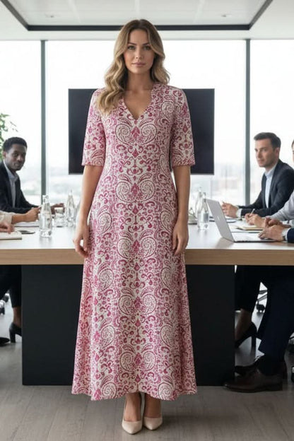 Bohemian Floral V-Neck Maxi Dress with Drawstring Waist