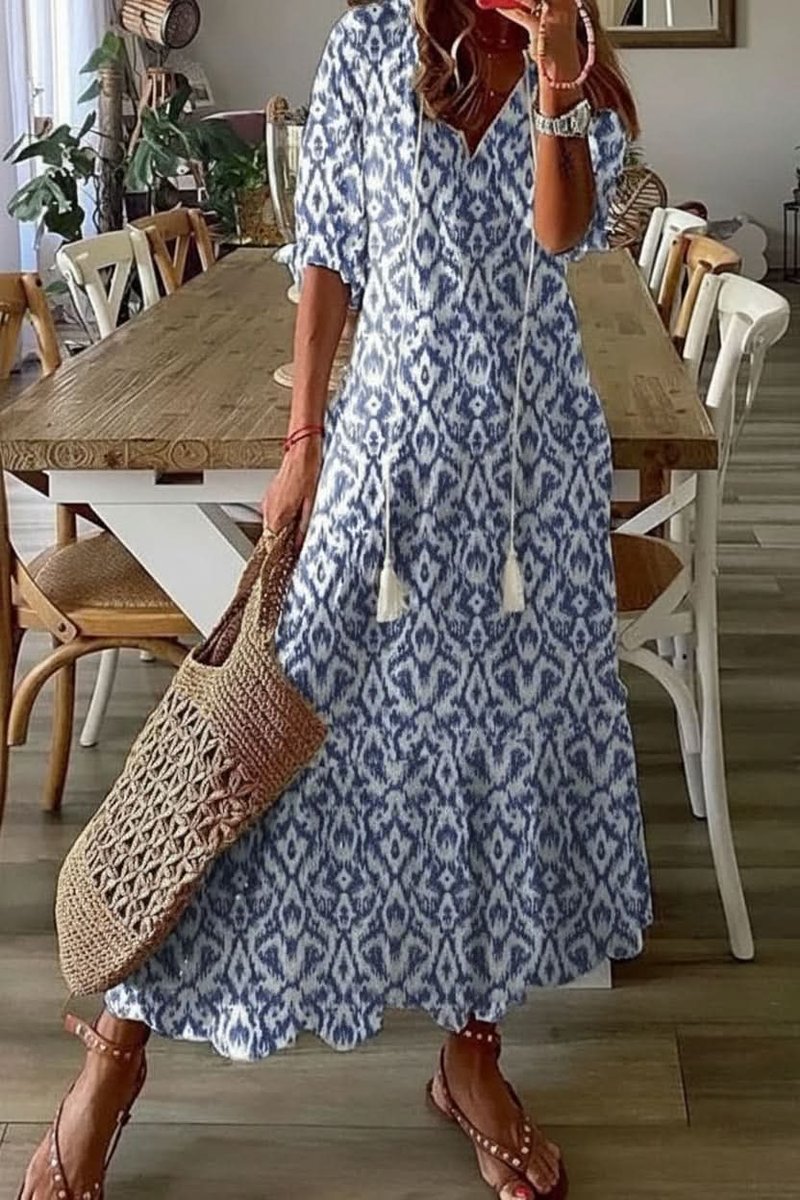Bohemian Floral V-Neck Maxi Dress with Drawstring Waist
