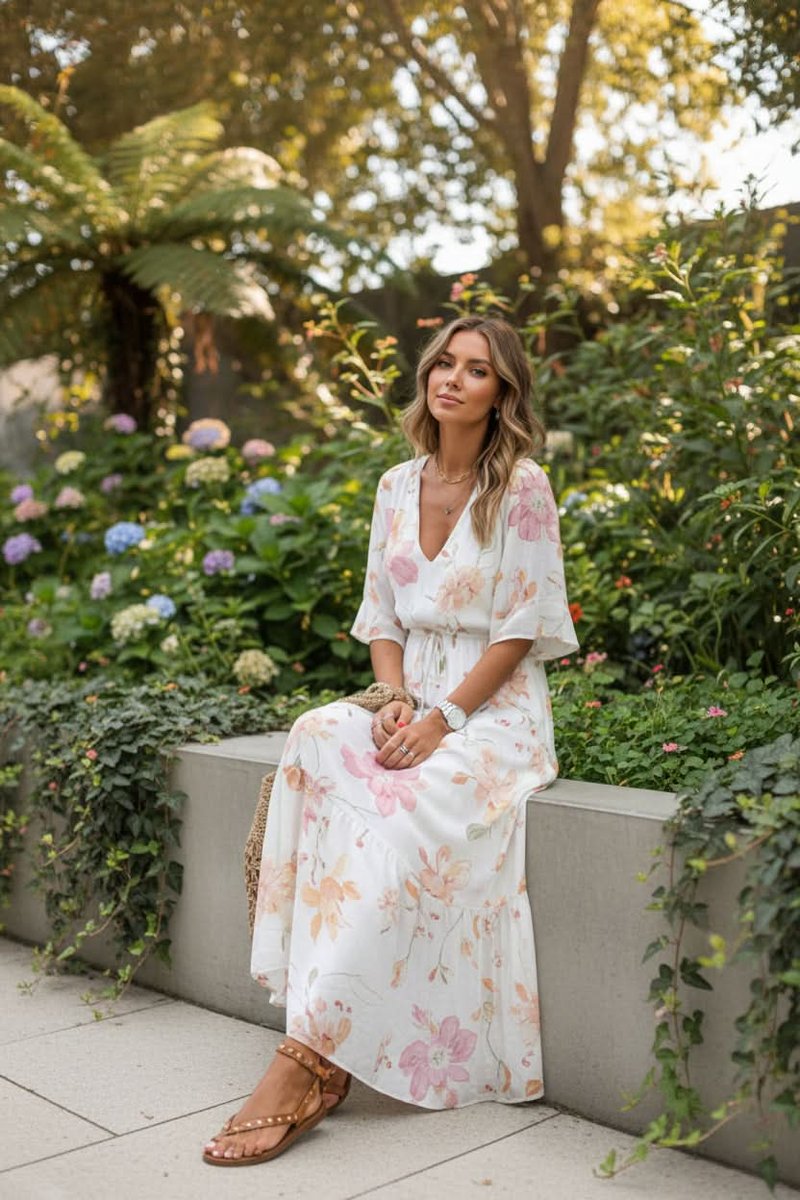 Bohemian Floral V-Neck Maxi Dress with Drawstring Waist