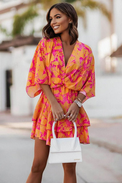 Tropical Print Knot-Front Boho Mini Dress