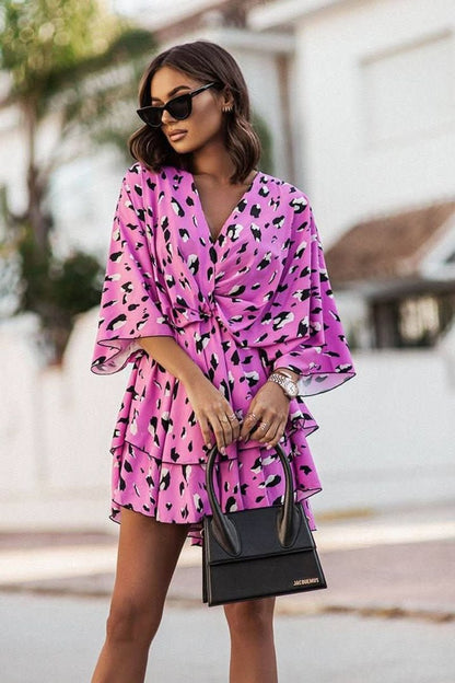 Tropical Print Knot-Front Boho Mini Dress