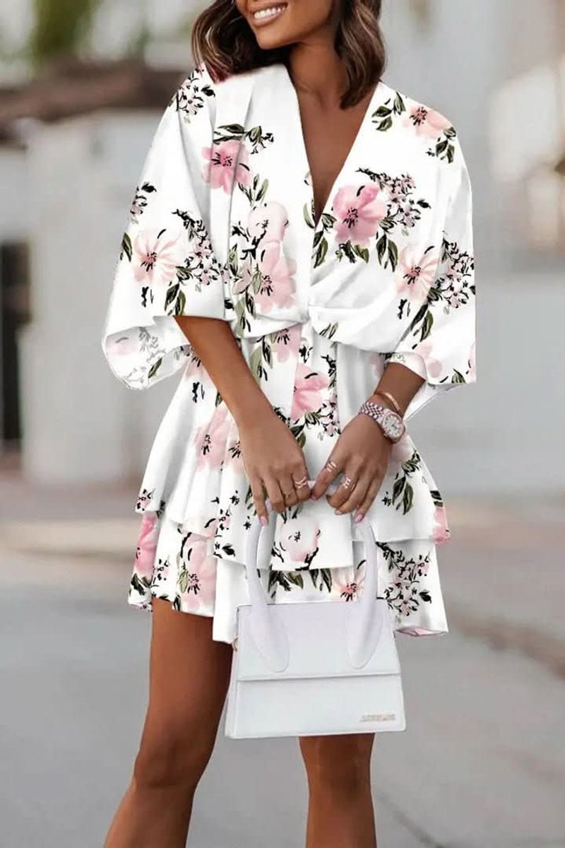 Tropical Print Knot-Front Boho Mini Dress