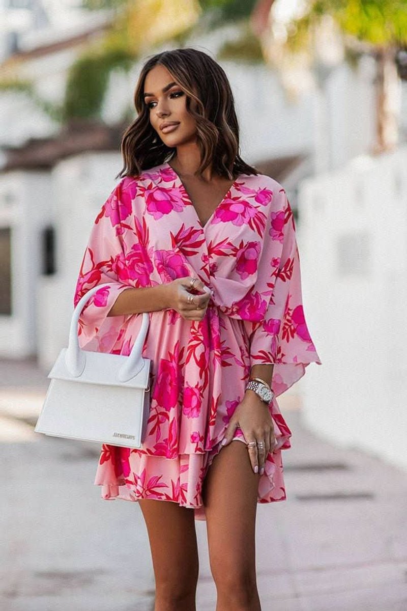 Tropical Print Knot-Front Boho Mini Dress