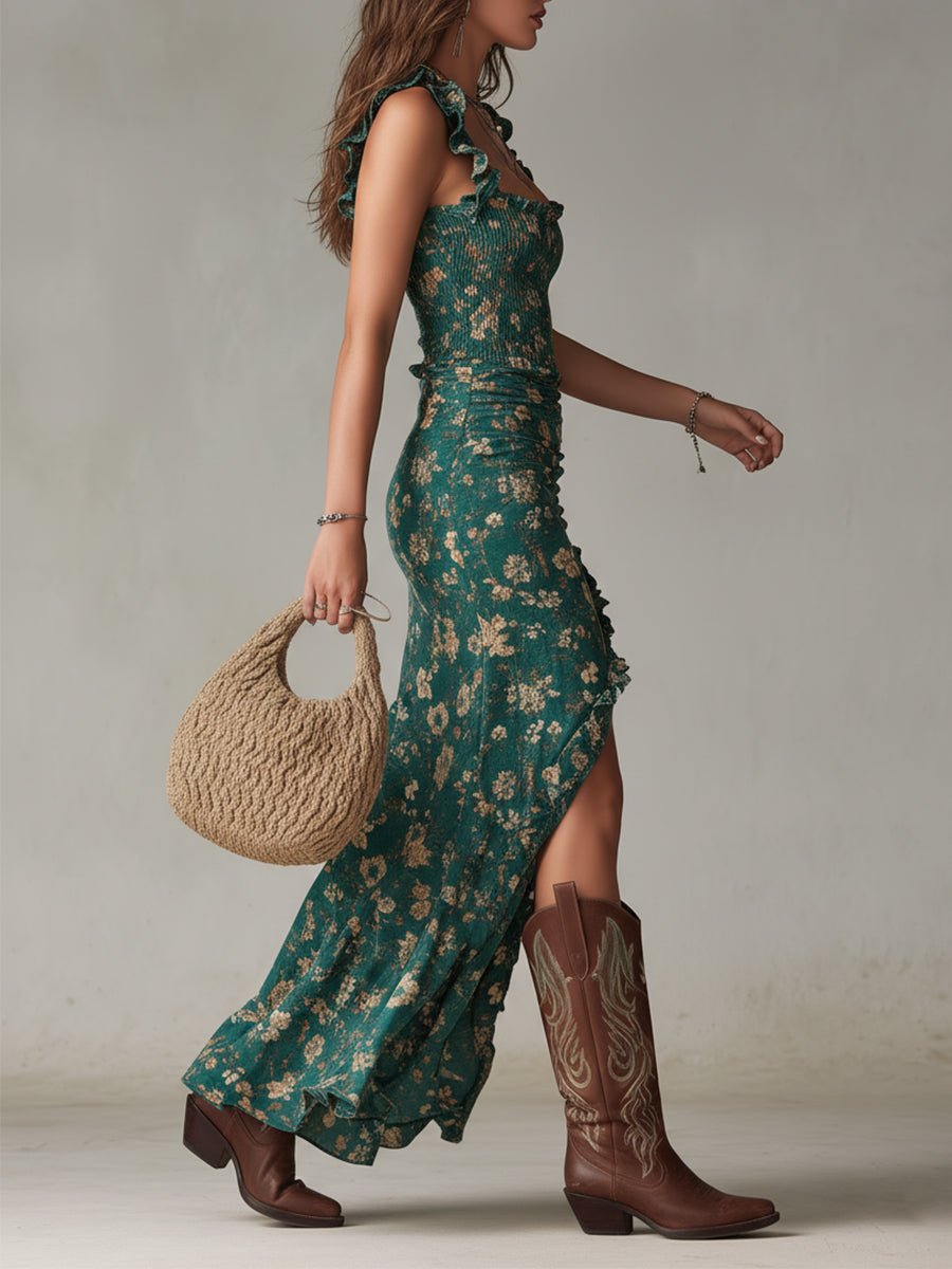 Floral Print Ruffle Strap Maxi Dress with Leg Split