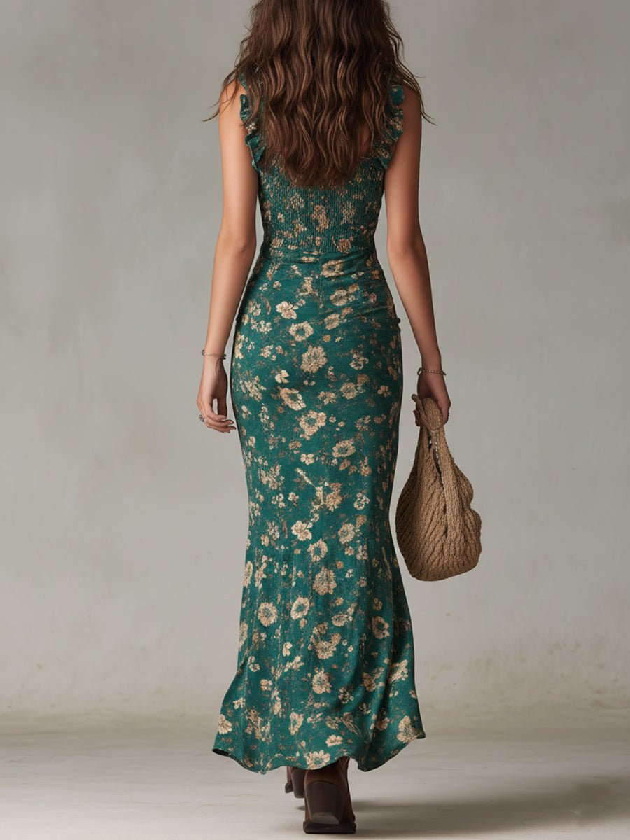 Floral Print Ruffle Strap Maxi Dress with Leg Split