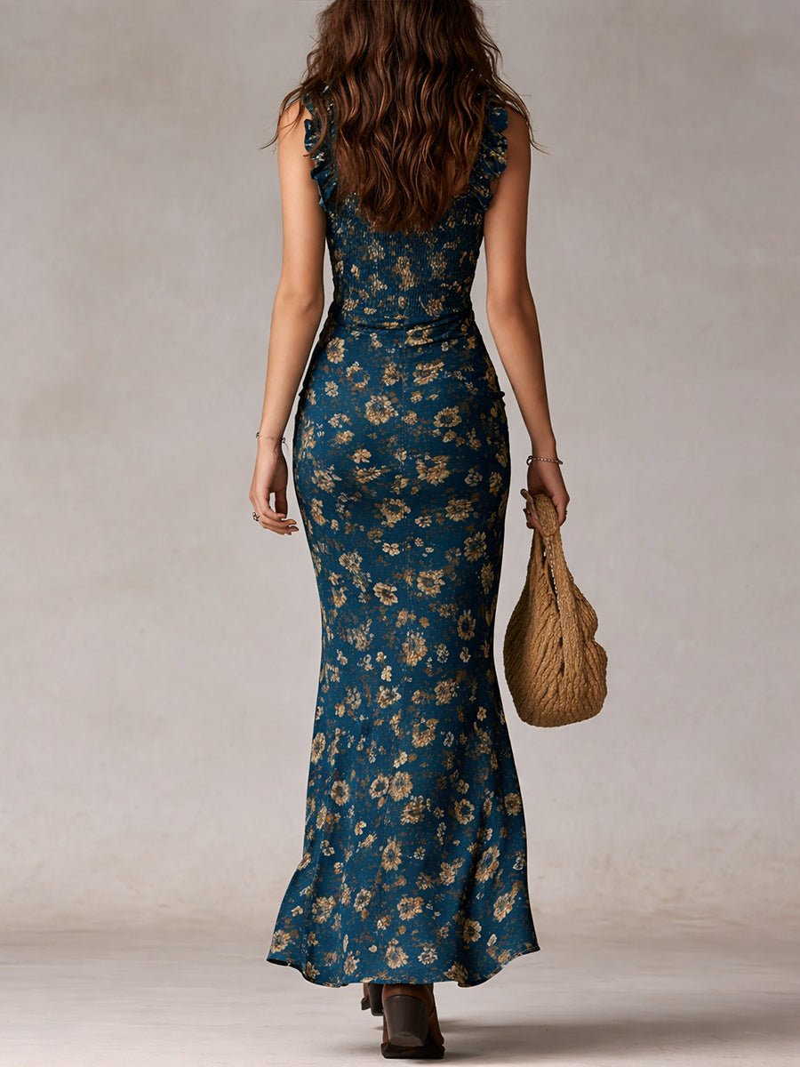 Floral Print Ruffle Strap Maxi Dress with Leg Split