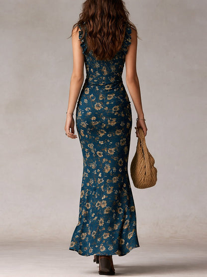 Floral Print Ruffle Strap Maxi Dress with Leg Split