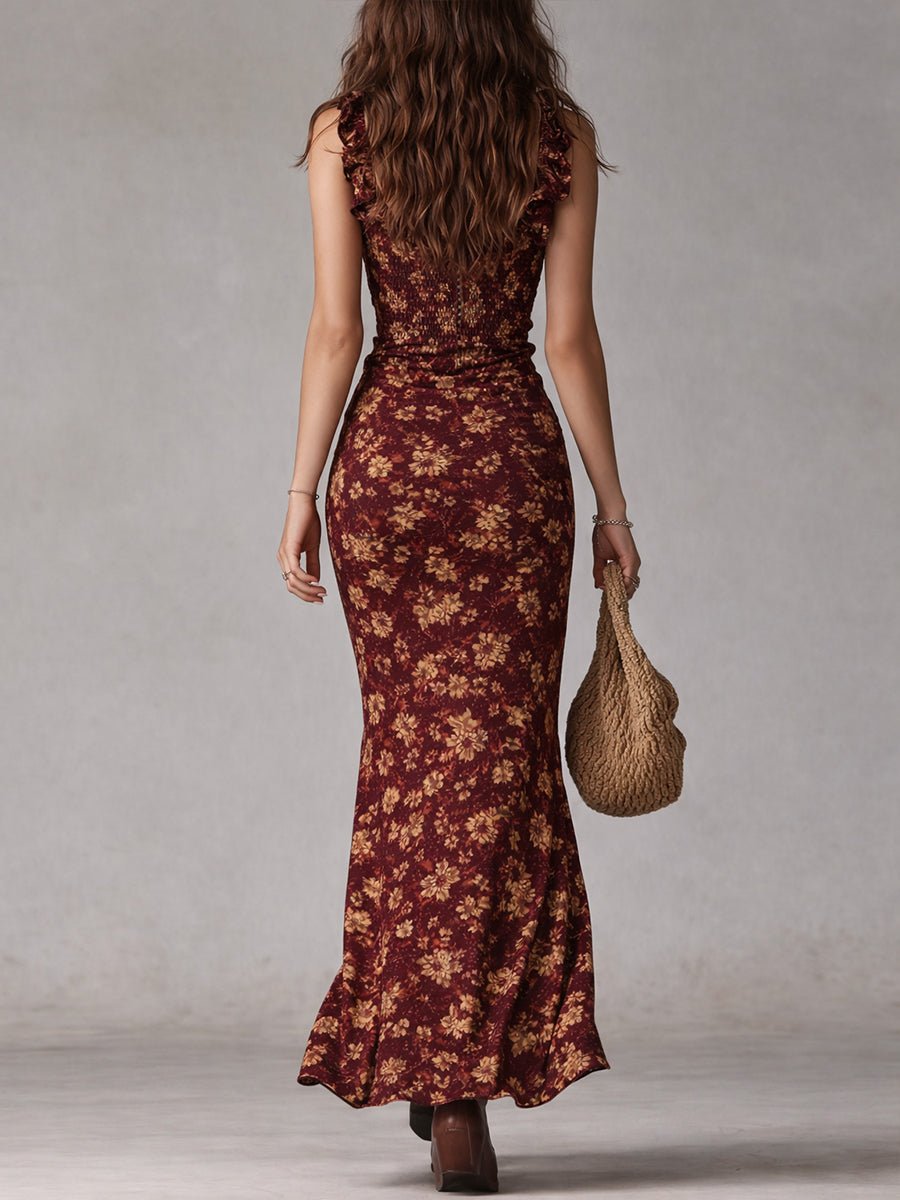 Floral Print Ruffle Strap Maxi Dress with Leg Split