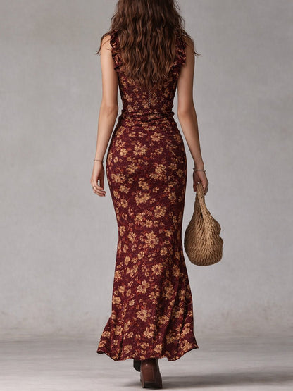 Floral Print Ruffle Strap Maxi Dress with Leg Split