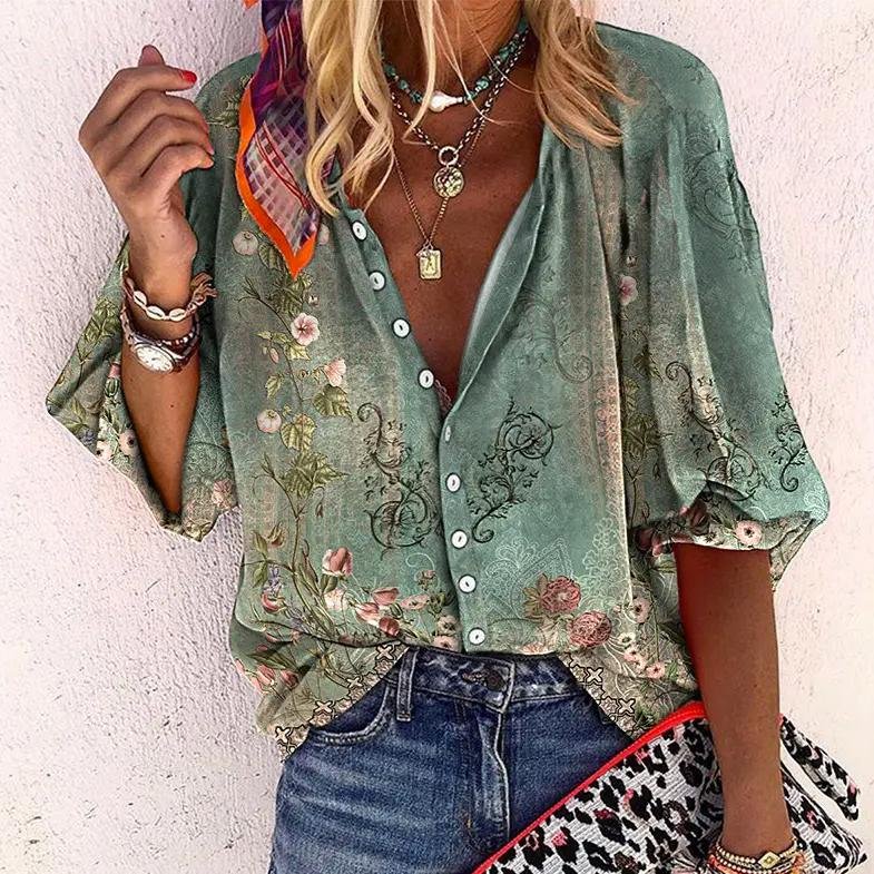 Long Sleeve Floral V-Neck Blouse