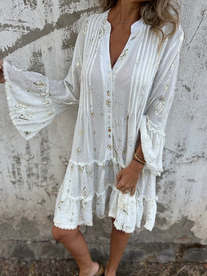 Tiered Bohemian Smock Dress with Flared Sleeves