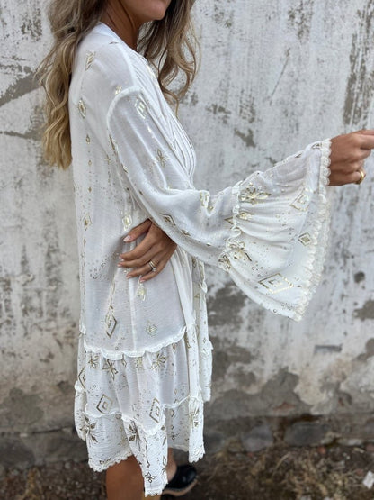 Tiered Bohemian Smock Dress with Flared Sleeves