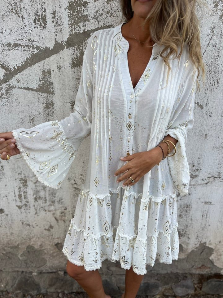 Tiered Bohemian Smock Dress with Flared Sleeves