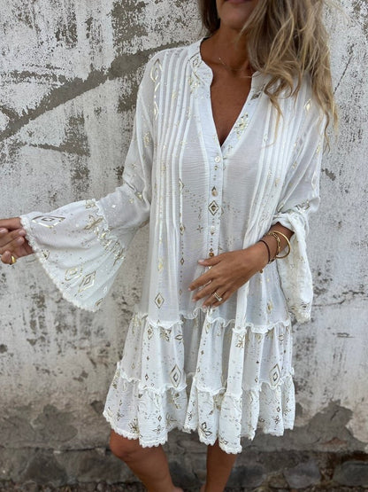 Tiered Bohemian Smock Dress with Flared Sleeves