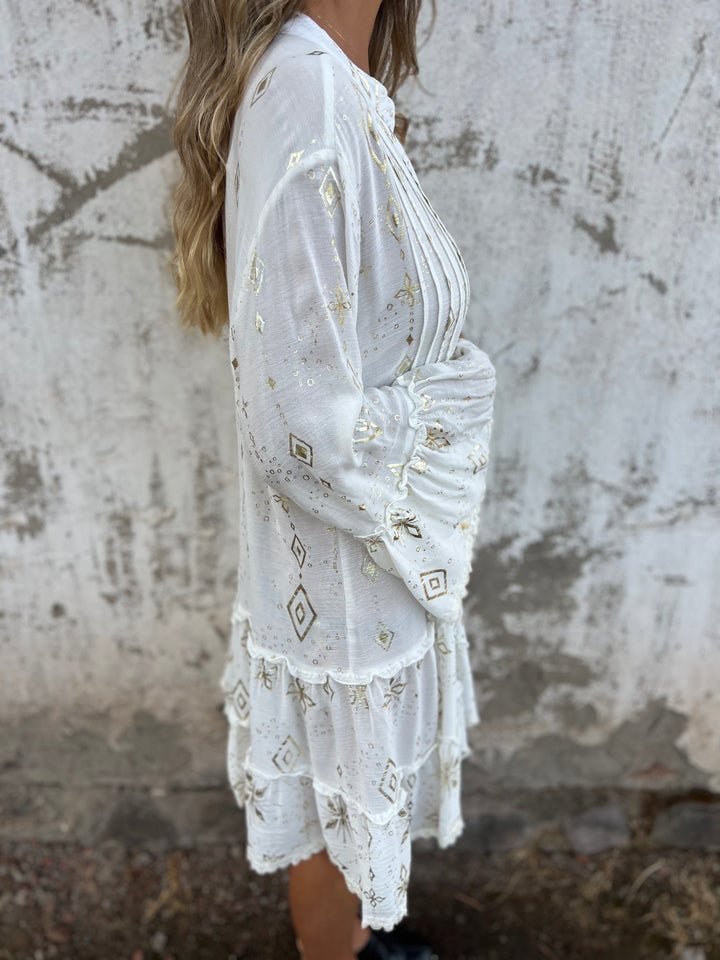 Tiered Bohemian Smock Dress with Flared Sleeves