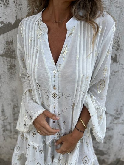 Tiered Bohemian Smock Dress with Flared Sleeves