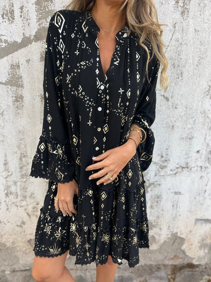 Tiered Bohemian Smock Dress with Flared Sleeves
