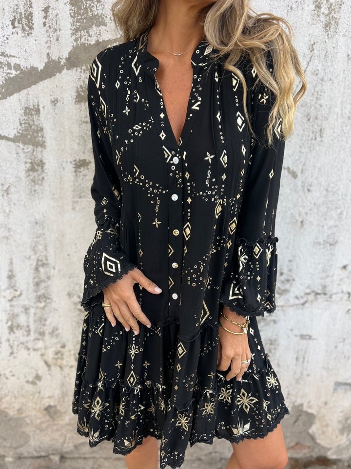 Tiered Bohemian Smock Dress with Flared Sleeves
