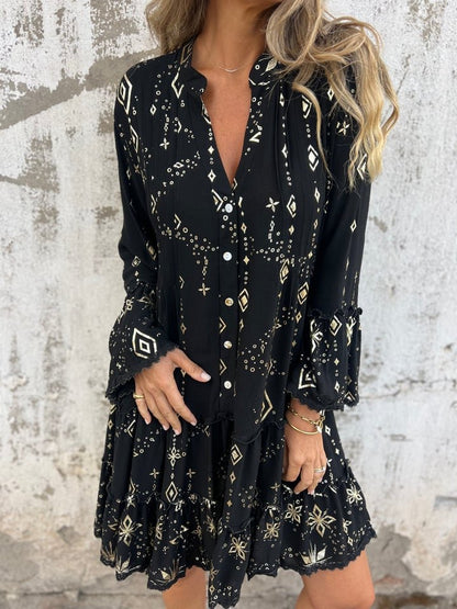 Tiered Bohemian Smock Dress with Flared Sleeves