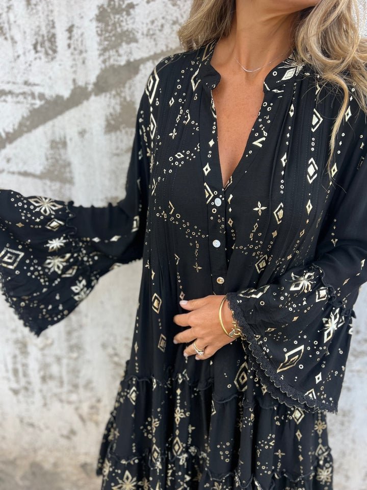 Tiered Bohemian Smock Dress with Flared Sleeves