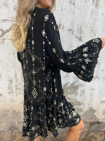 Tiered Bohemian Smock Dress with Flared Sleeves