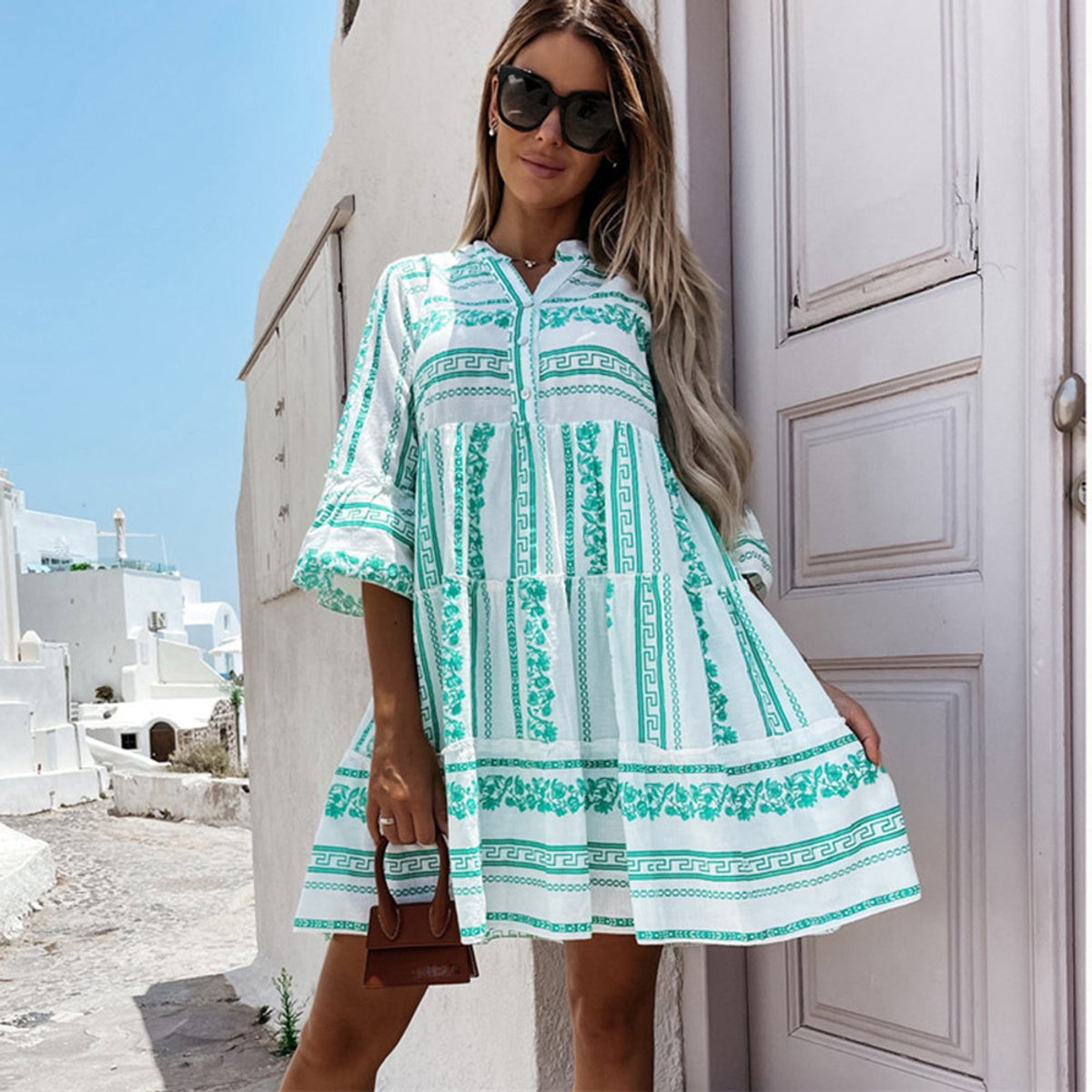 Tiered Bohemian Print Tunic Dress in Green and White